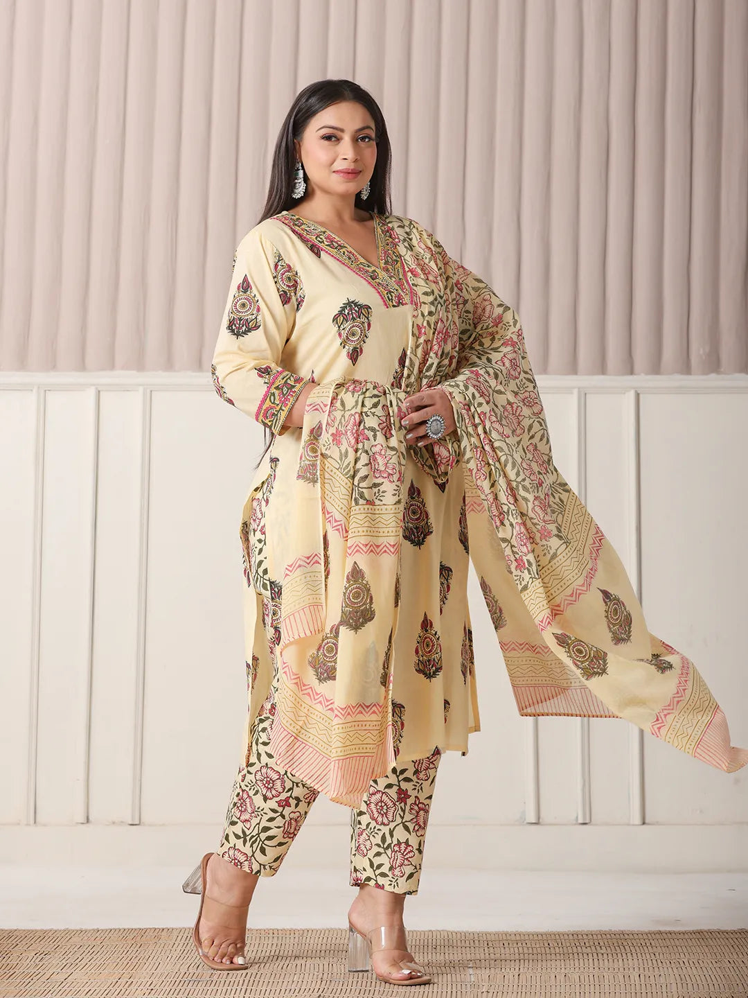 Yufta Cream Cotton Cutdana Work Plus Size Kurta Set With Pant & Dupatta