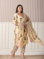 Thumbnail for Yufta Cream Cotton Cutdana Work Plus Size Kurta Set With Pant & Dupatta