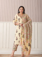 Thumbnail for Yufta Cream Cotton Cutdana Work Plus Size Kurta Set With Pant & Dupatta