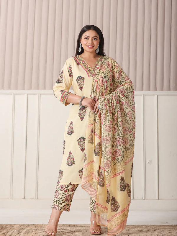 Yufta Cream Cotton Cutdana Work Plus Size Kurta Set With Pant & Dupatta