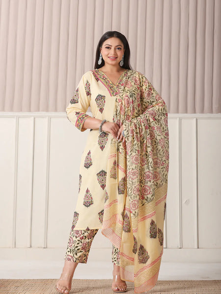 Yufta Cream Cotton Cutdana Work Plus Size Kurta Set With Pant & Dupatta