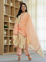 Thumbnail for Yufta Cream Cotton Straight Ethnic Motifs Kurta Dupatta Set