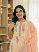 Thumbnail for Yufta Cream Cotton Straight Ethnic Motifs Kurta Dupatta Set