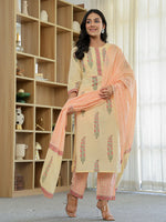 Thumbnail for Yufta Cream Cotton Straight Ethnic Motifs Kurta Dupatta Set