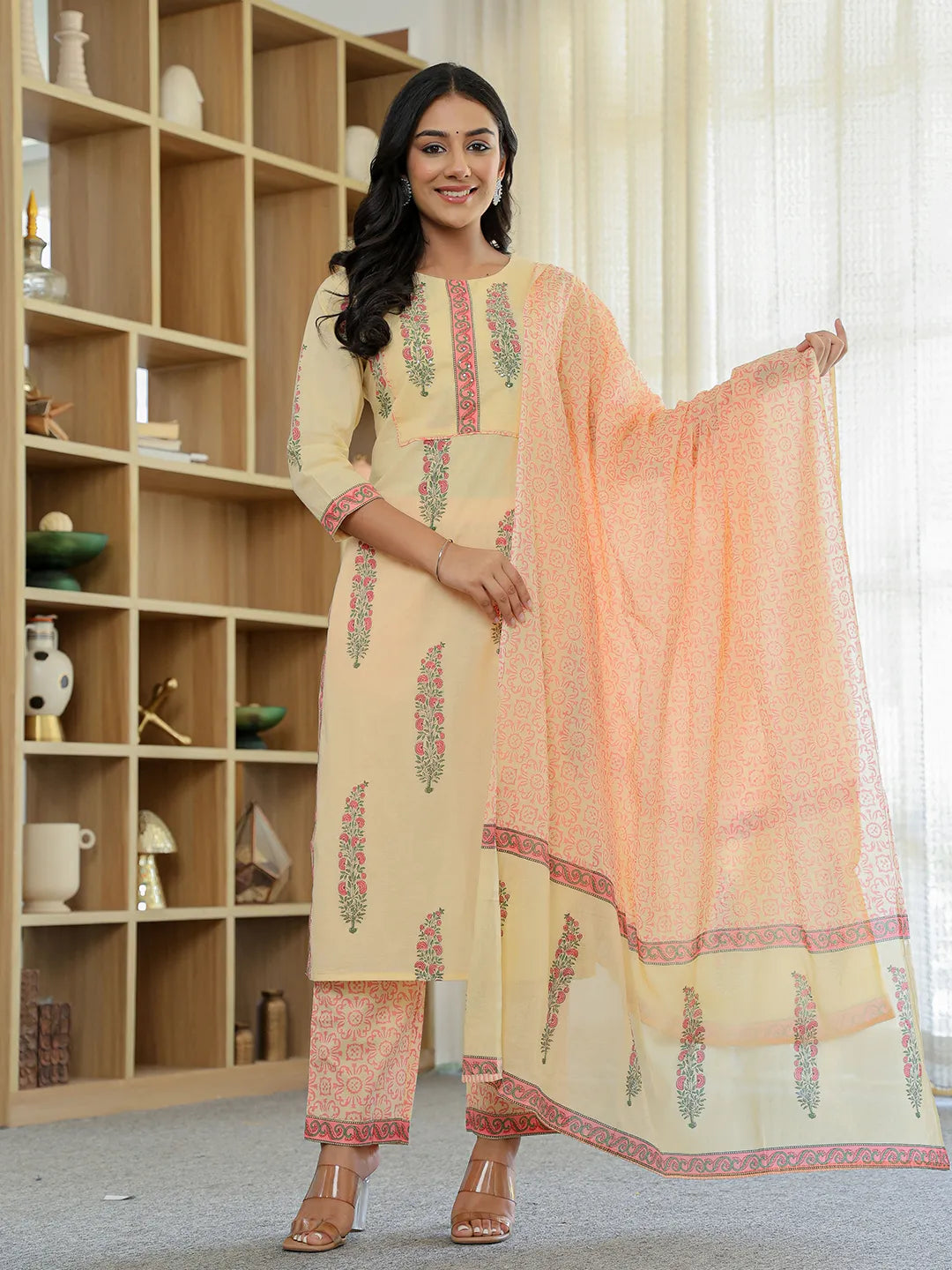 Yufta Cream Cotton Straight Ethnic Motifs Kurta Dupatta Set - Distacart