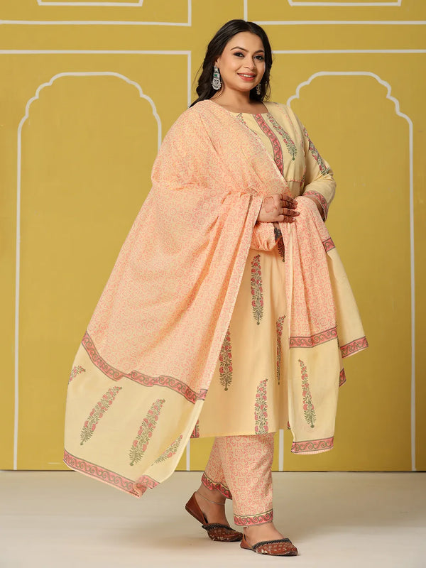 Yufta Cream Cotton Straight Plus Size Kurta Set