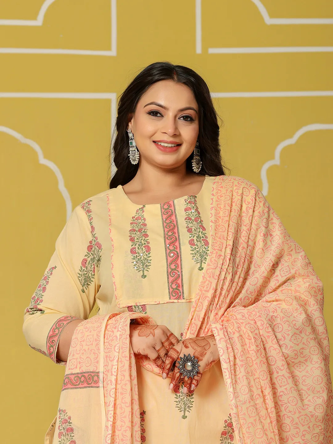 Yufta Cream Cotton Straight Plus Size Kurta Set