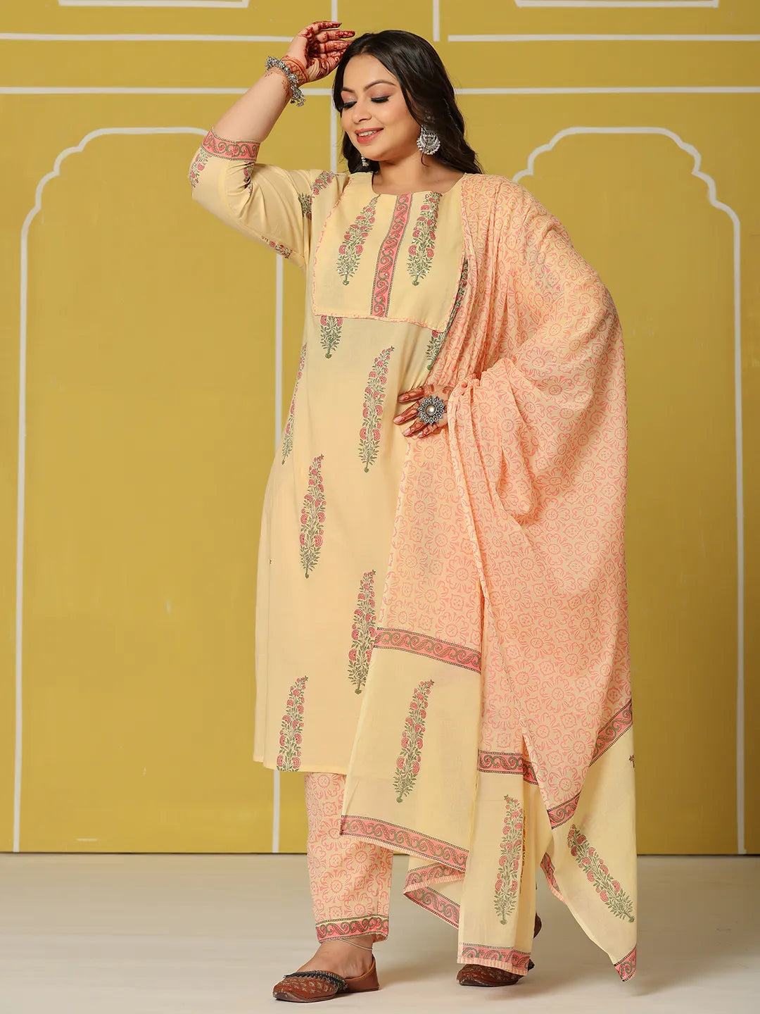 Yufta Cream Cotton Straight Plus Size Kurta Set