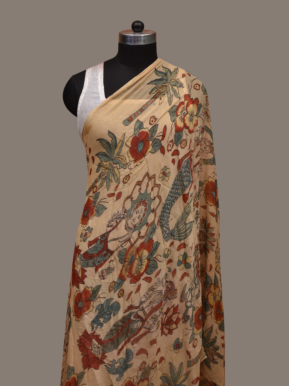 Cream Kalamkari Hand Painted Chiffon Dupatta with Dashavatar Design - Global Threads - Distacart