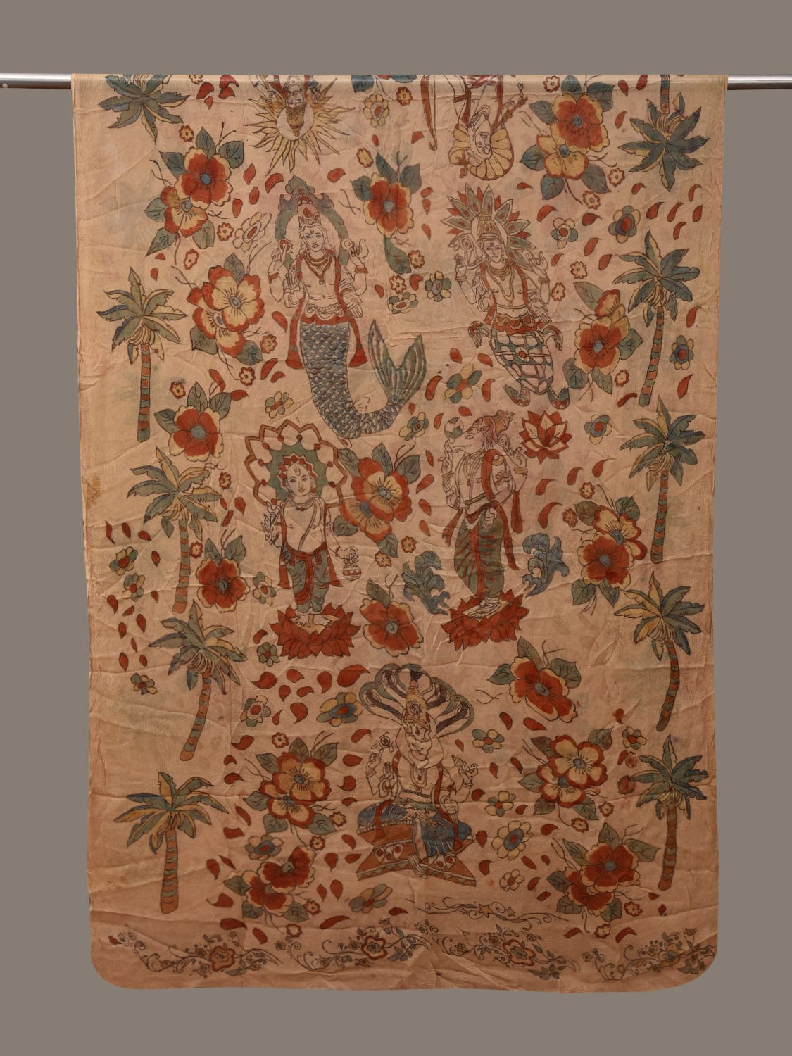 Cream Kalamkari Hand Painted Chiffon Dupatta with Dashavatar Design - Global Threads - Distacart