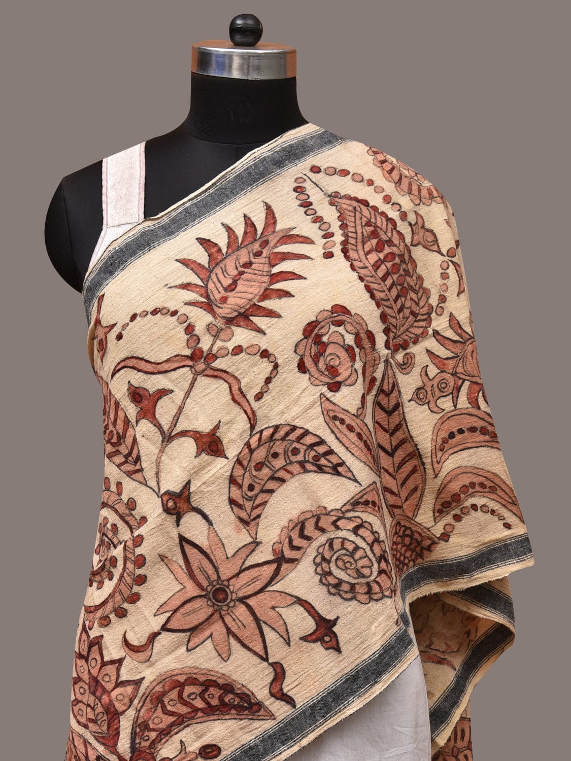 Cream Kalamkari Hand Painted Cotton Bhujodi Handloom Stole with Floral Design - Global Threads - Distacart