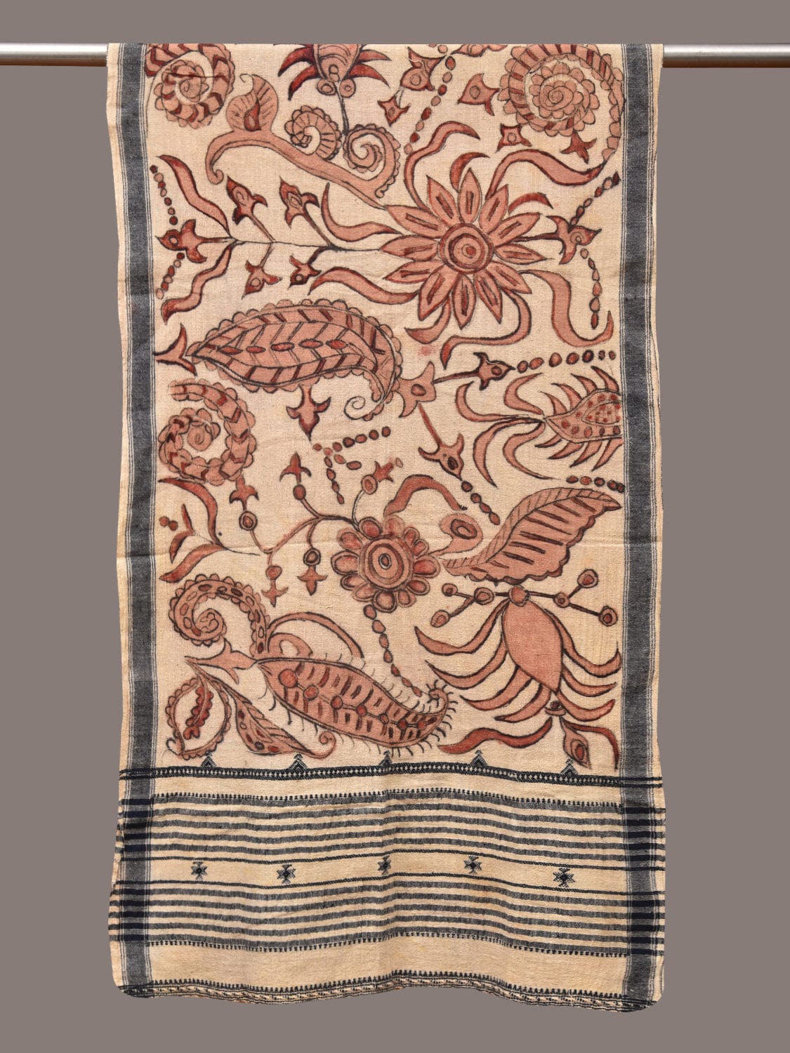 Cream Kalamkari Hand Painted Cotton Bhujodi Handloom Stole with Floral Design - Global Threads - Distacart
