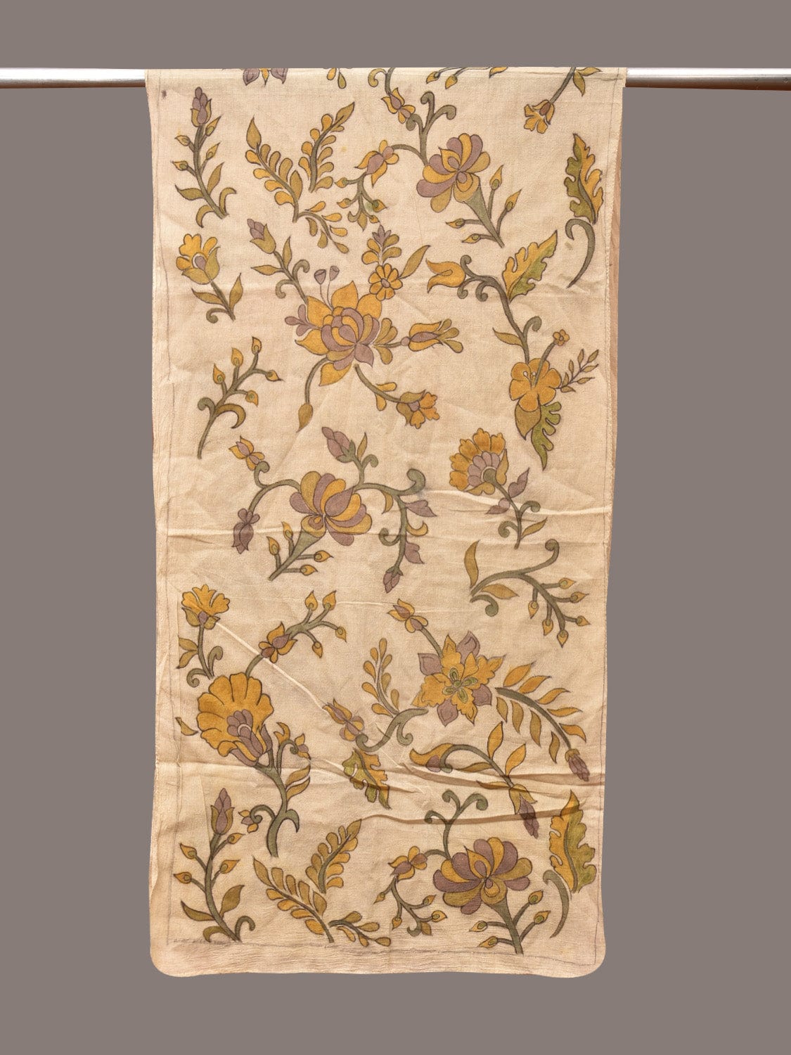 Cream Kalamkari Hand Painted Cotton Handloom Stole with Floral and Birds Design - Global Threads - Distacart