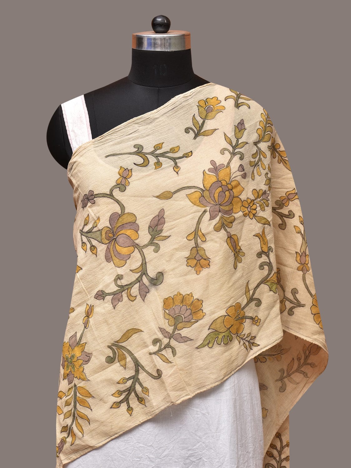 Cream Kalamkari Hand Painted Cotton Handloom Stole with Floral and Birds Design - Global Threads - Distacart