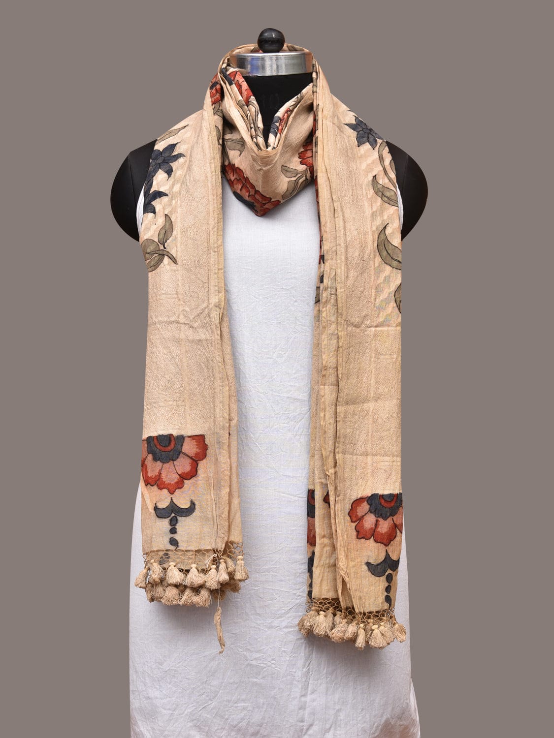 Cream Kalamkari Hand Painted Cotton Silk Dupatta with Floral Design - Global Threads - Distacart