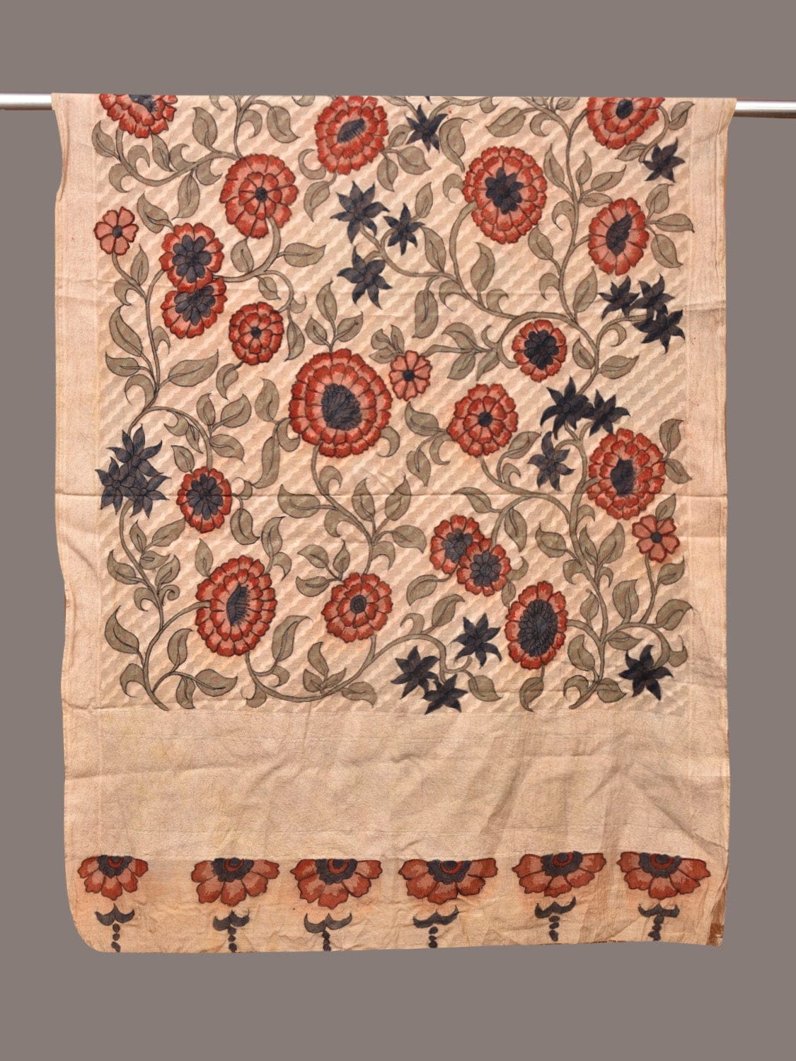 Cream Kalamkari Hand Painted Cotton Silk Dupatta with Floral Design - Global Threads - Distacart