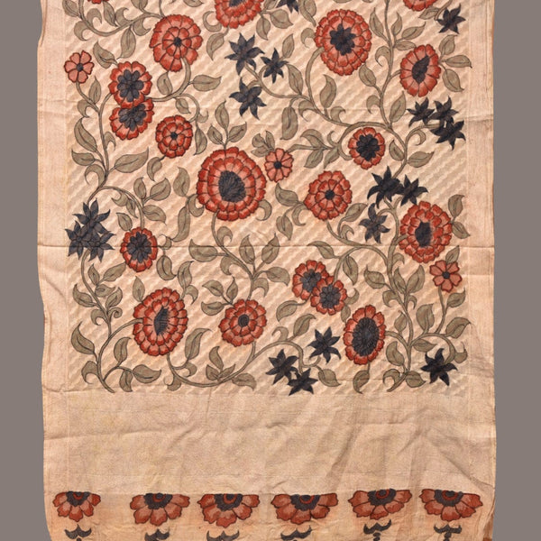 Cream Kalamkari Hand Painted Cotton Silk Dupatta with Floral Design - Global Threads - Distacart
