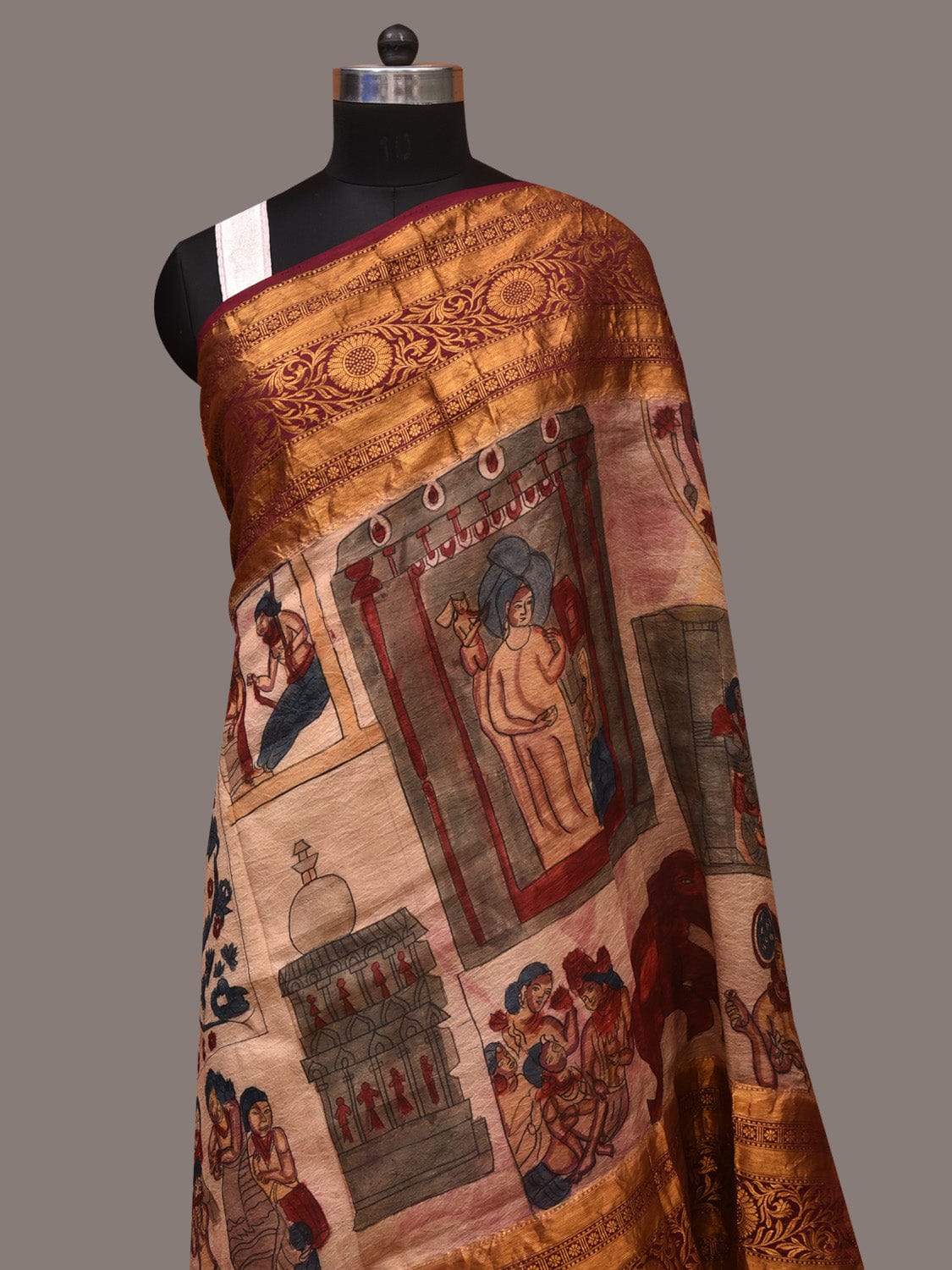 Cream Kalamkari Hand Painted Kanchipuram Silk Handloom Dupatta with Ajanta Design - Global Threads - Distacart