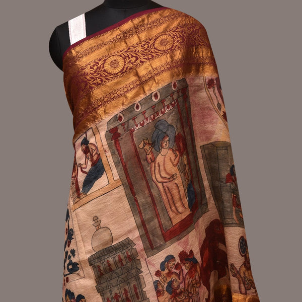 Cream Kalamkari Hand Painted Kanchipuram Silk Handloom Dupatta with Ajanta Design - Global Threads - Distacart