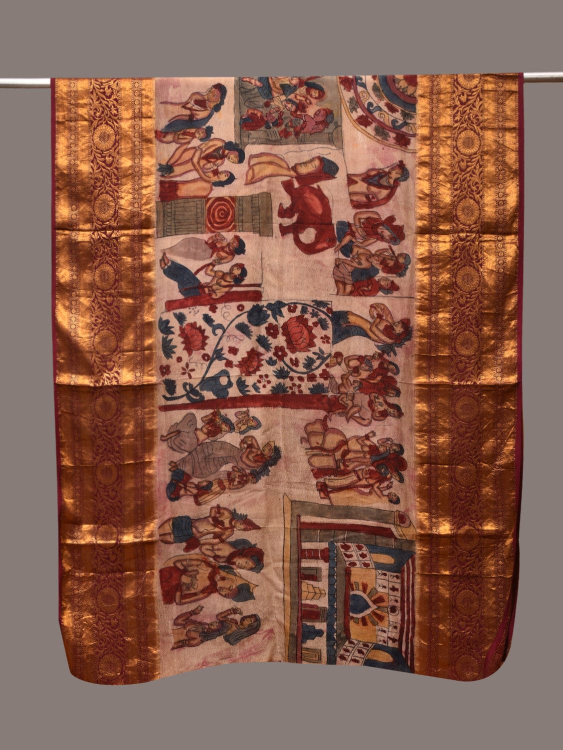Cream Kalamkari Hand Painted Kanchipuram Silk Handloom Dupatta with Ajanta Design - Global Threads - Distacart