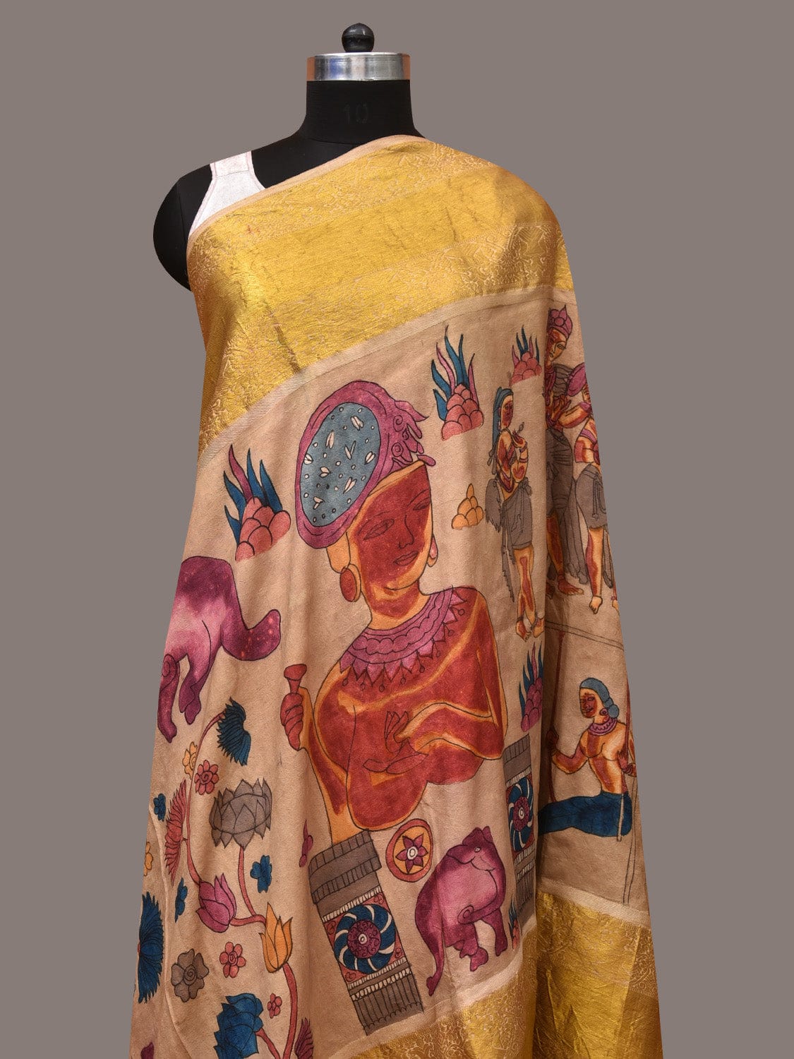 Cream Kalamkari Hand Painted Kanchipuram Silk Handloom Dupatta with Ajanta Design - Global Threads - Distacart