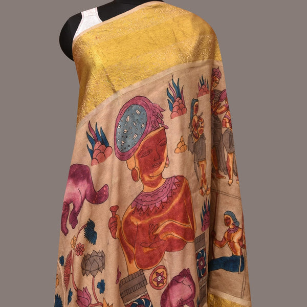 Cream Kalamkari Hand Painted Kanchipuram Silk Handloom Dupatta with Ajanta Design - Global Threads - Distacart