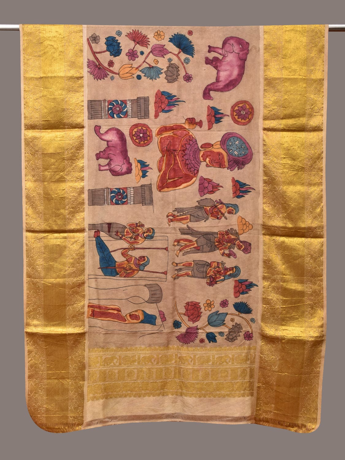 Cream Kalamkari Hand Painted Kanchipuram Silk Handloom Dupatta with Ajanta Design - Global Threads - Distacart