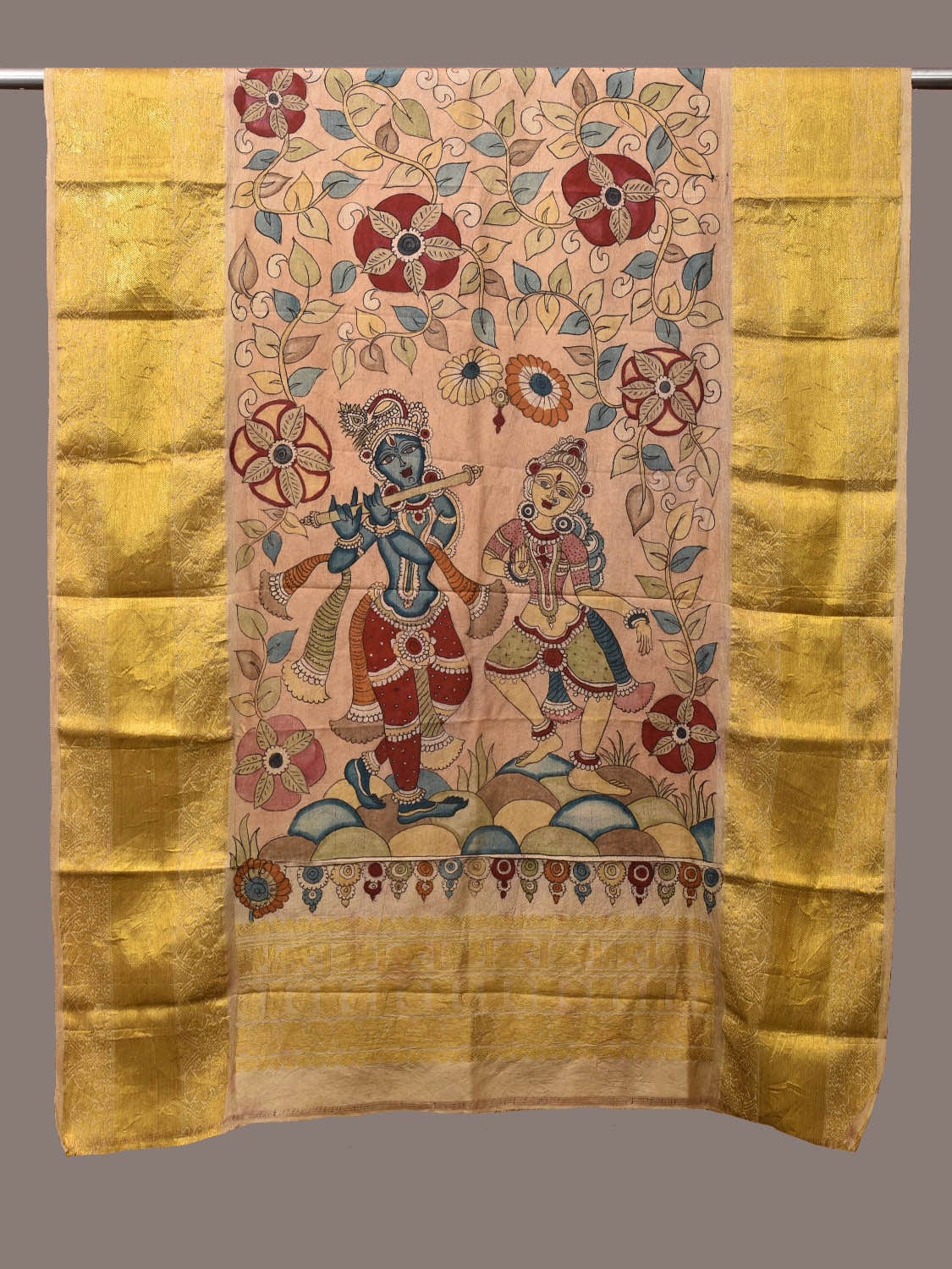 Cream Kalamkari Hand Painted Kanchipuram Silk Handloom Dupatta with Krishna and Radha Design - Global Threads - Distacart