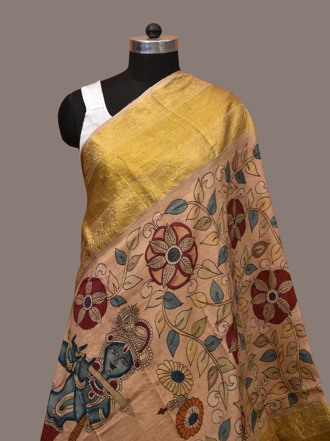 Cream Kalamkari Hand Painted Kanchipuram Silk Handloom Dupatta with Krishna and Radha Design - Global Threads - Distacart