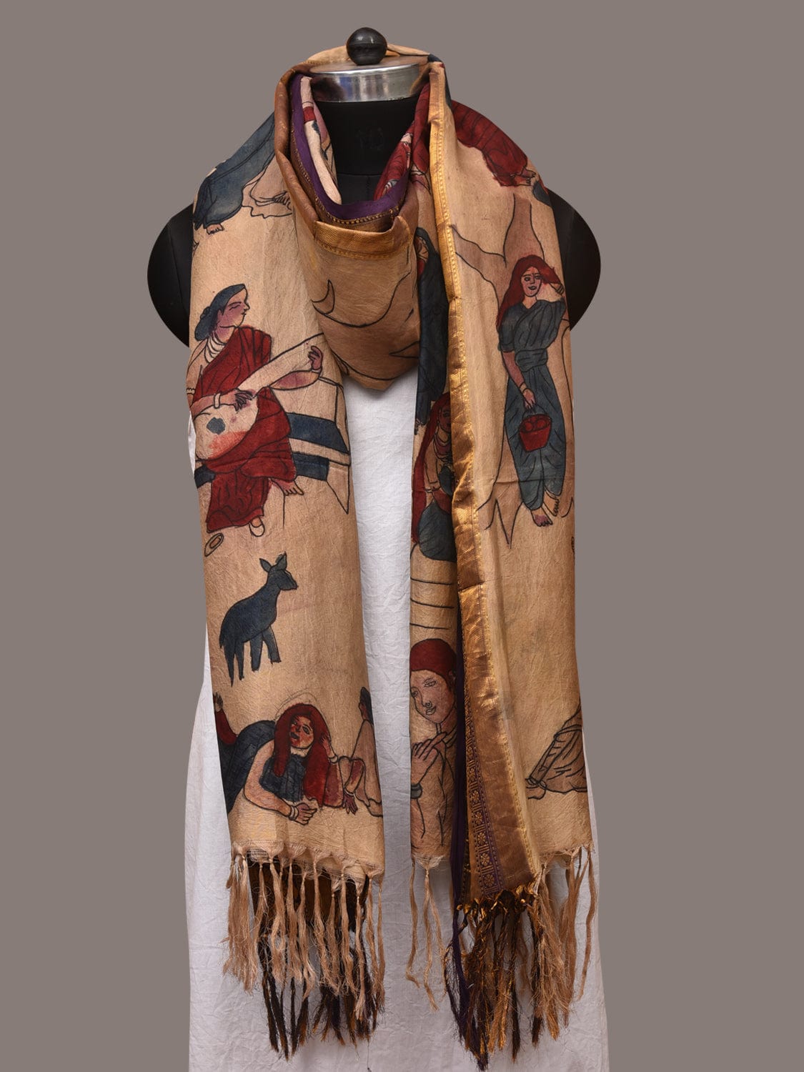 Cream Kalamkari Hand Painted Kanchipuram Silk Handloom Dupatta with Painting Design - Global Threads - Distacart