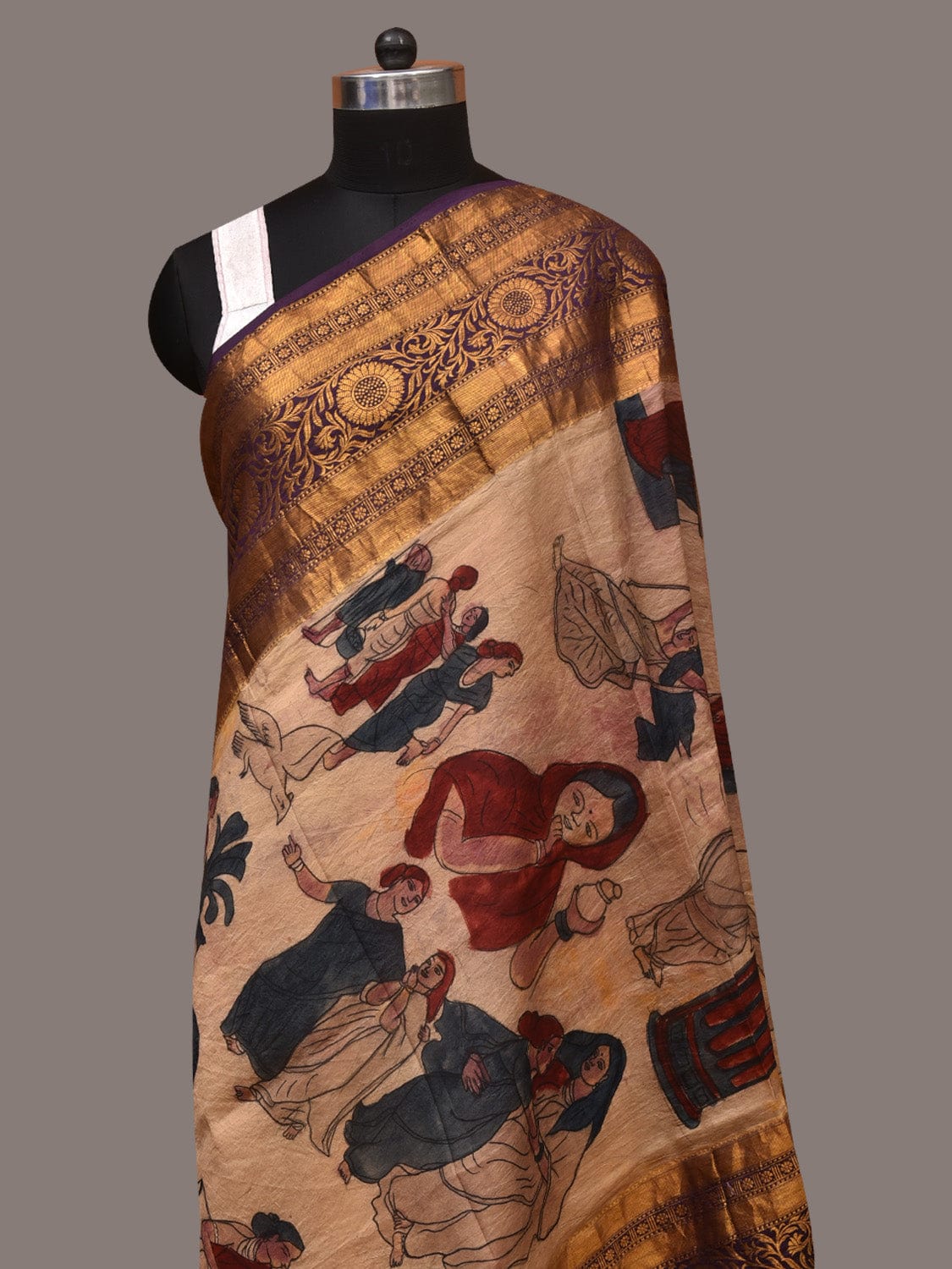 Cream Kalamkari Hand Painted Kanchipuram Silk Handloom Dupatta with Painting Design - Global Threads - Distacart