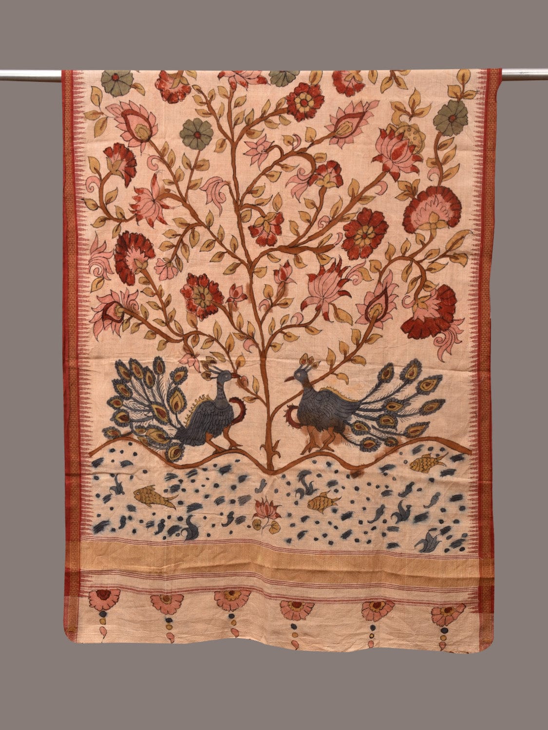 Cream Kalamkari Hand Painted Khadi Cotton Handloom Dupatta with Tree of Life Design - Global Threads - Distacart