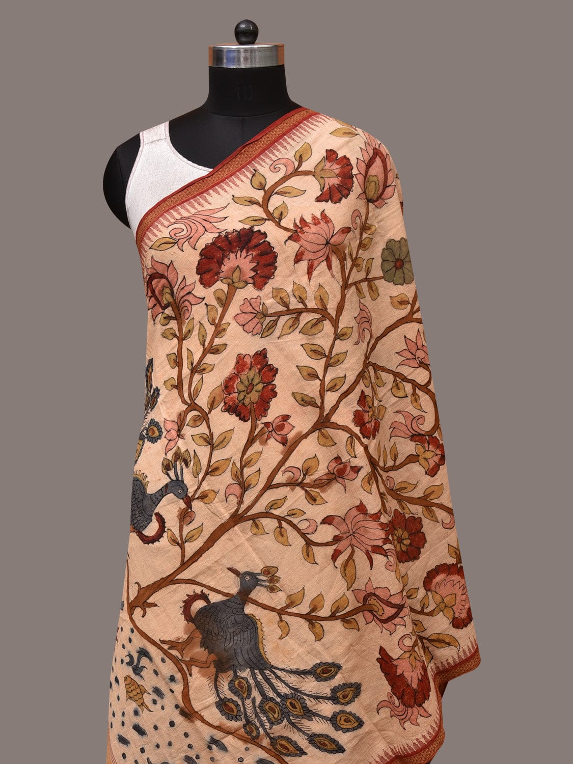 Cream Kalamkari Hand Painted Khadi Cotton Handloom Dupatta with Tree of Life Design - Global Threads - Distacart