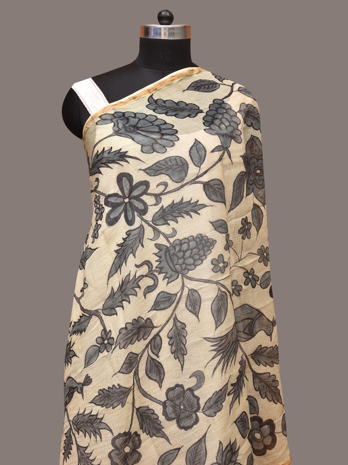 Cream Kalamkari Hand Painted Kota Silk Dupatta with Floral and Birds Design - Global Threads - Distacart