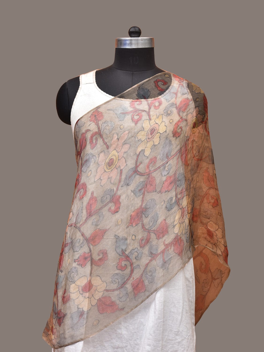 Cream Kalamkari Hand Painted Organza Stole with Floral Design - Global Threads - Distacart