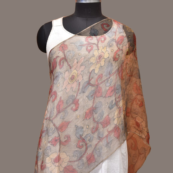 Cream Kalamkari Hand Painted Organza Stole with Floral Design - Global Threads - Distacart