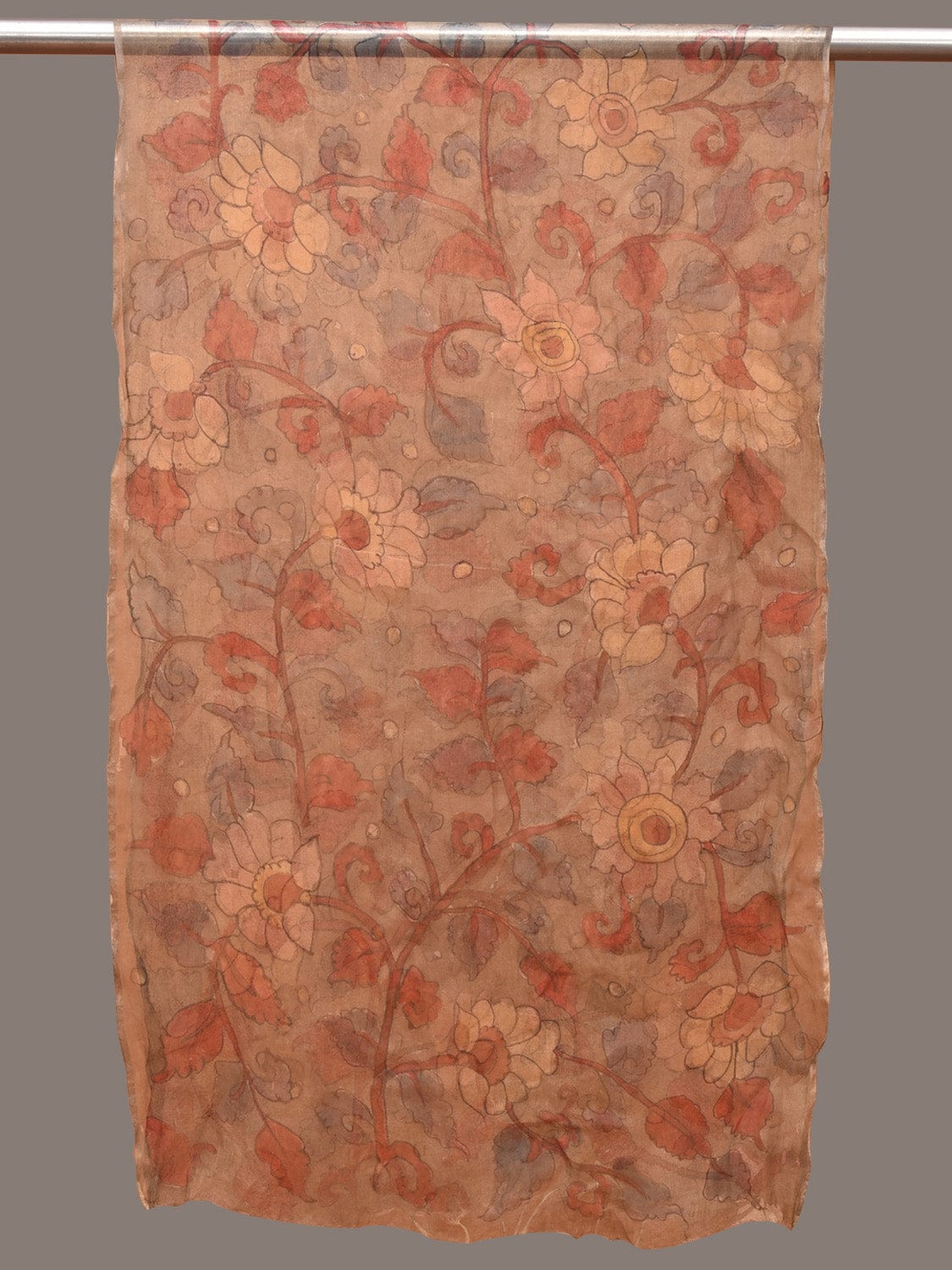 Cream Kalamkari Hand Painted Organza Stole with Floral Design - Global Threads - Distacart