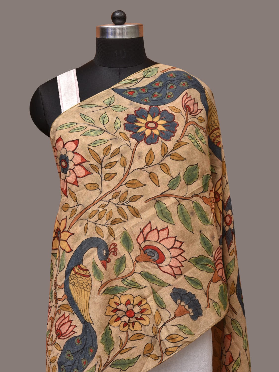 Cream Kalamkari Hand Painted Sico Stole with Floral and Peacocks Design - Global Threads - Distacart