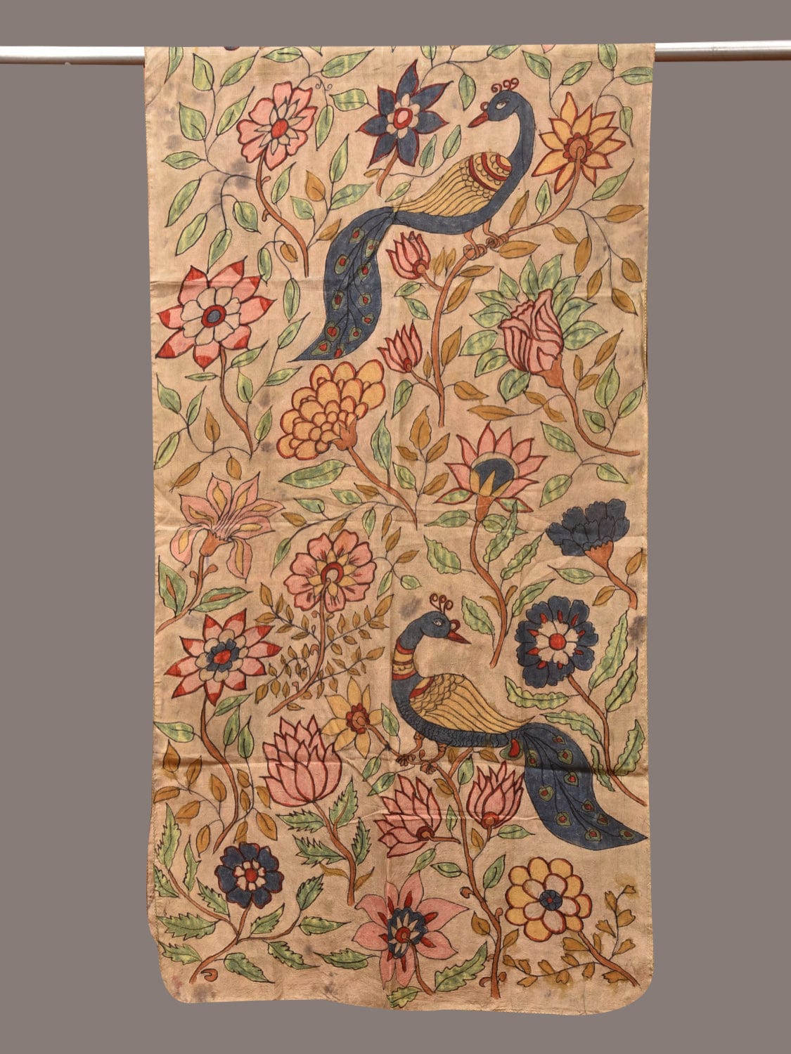 Cream Kalamkari Hand Painted Sico Stole with Floral and Peacocks Design - Global Threads - Distacart