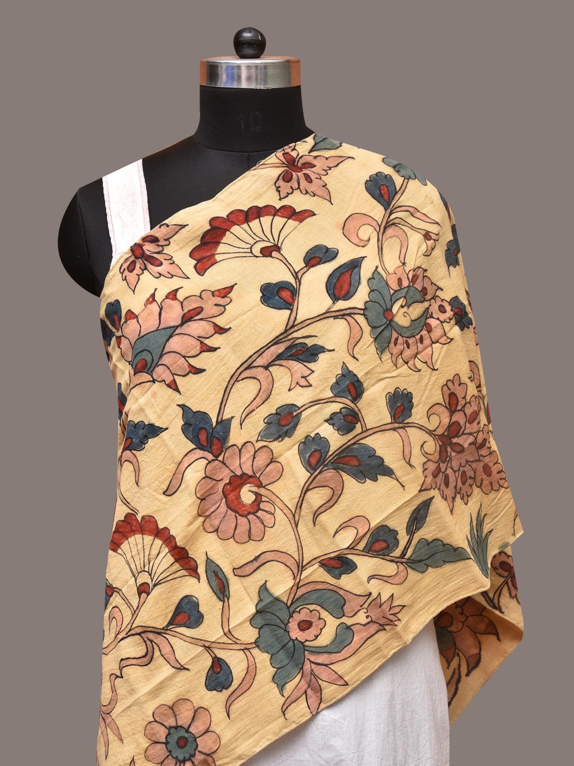Cream Kalamkari Hand Painted Sico Stole with Floral Design - Global Threads - Distacart
