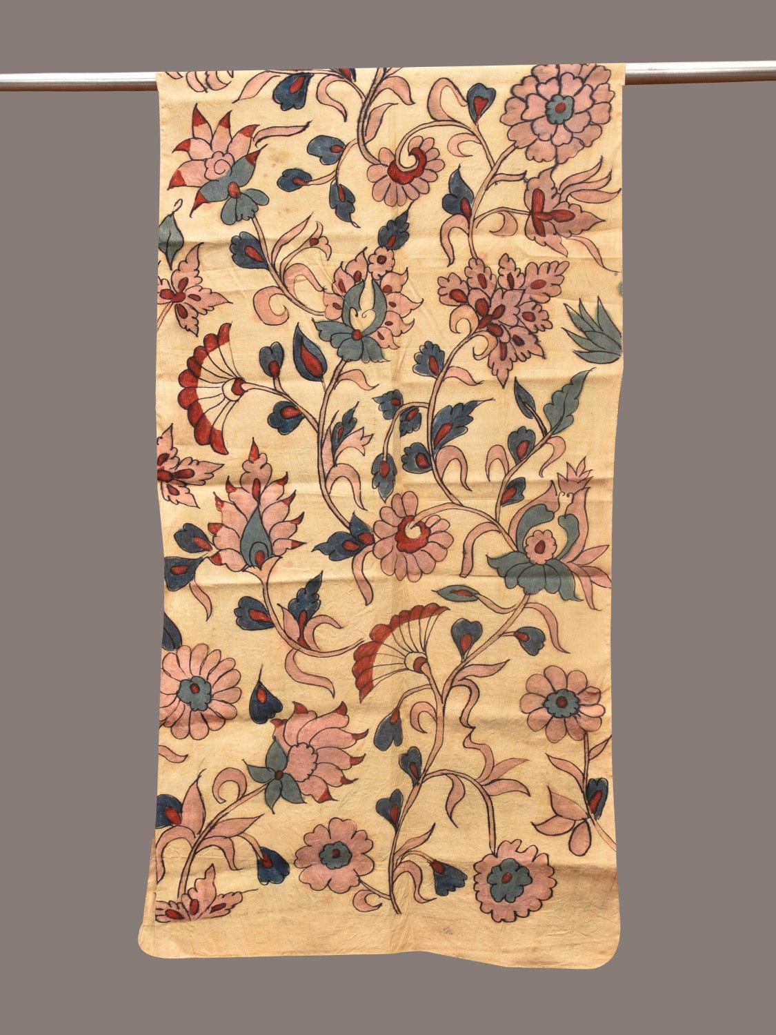 Cream Kalamkari Hand Painted Sico Stole with Floral Design - Global Threads - Distacart