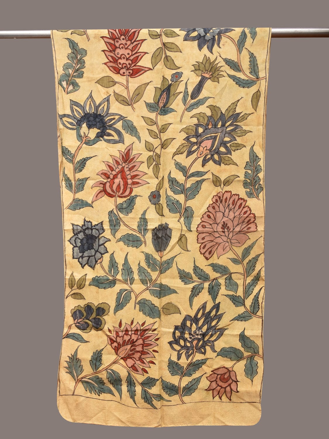 Cream Kalamkari Hand Painted Sico Stole with Floral Design - Global Threads - Distacart