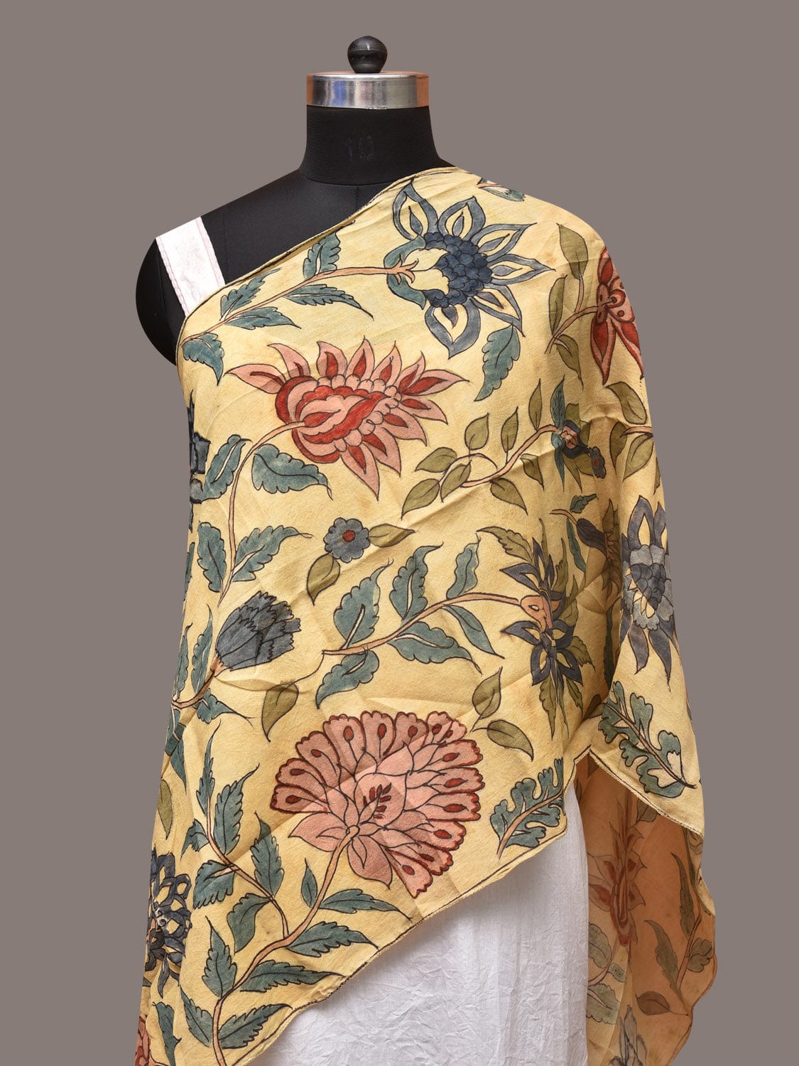 Cream Kalamkari Hand Painted Sico Stole with Floral Design - Global Threads - Distacart