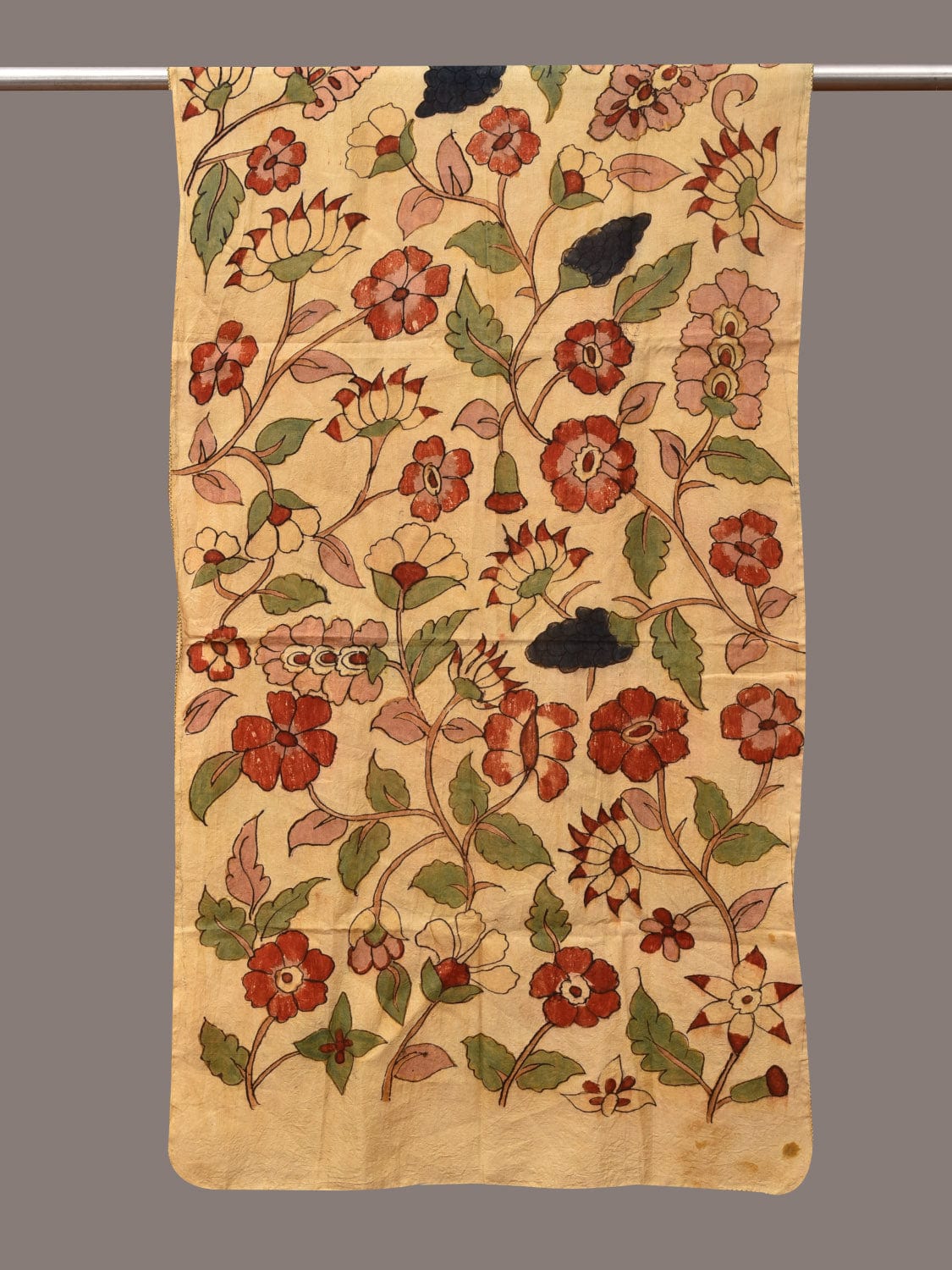 Cream Kalamkari Hand Painted Sico Stole with Floral Design - Global Threads - Distacart