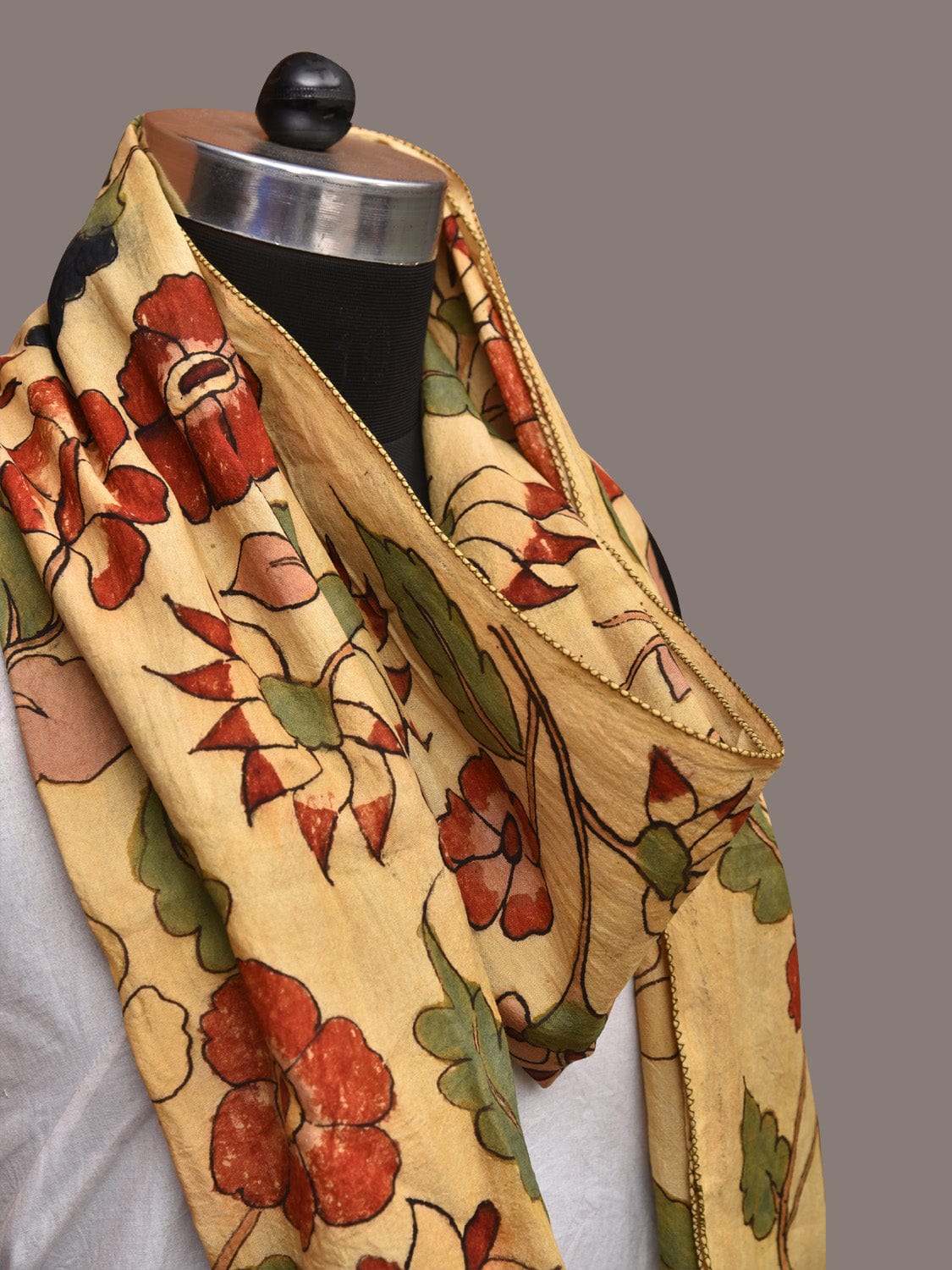 Cream Kalamkari Hand Painted Sico Stole with Floral Design - Global Threads - Distacart