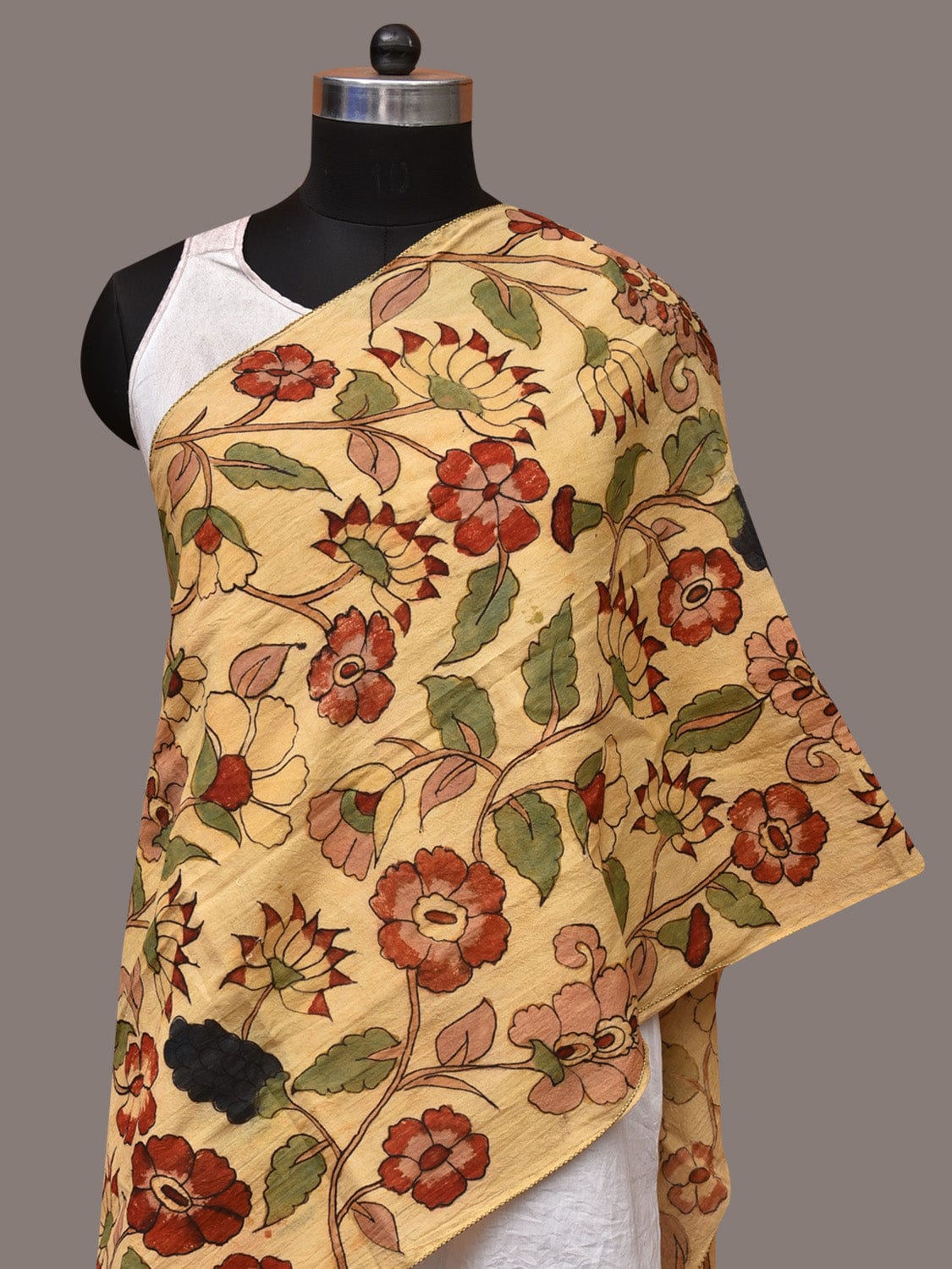 Cream Kalamkari Hand Painted Sico Stole with Floral Design - Global Threads - Distacart