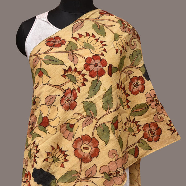Cream Kalamkari Hand Painted Sico Stole with Floral Design - Global Threads - Distacart