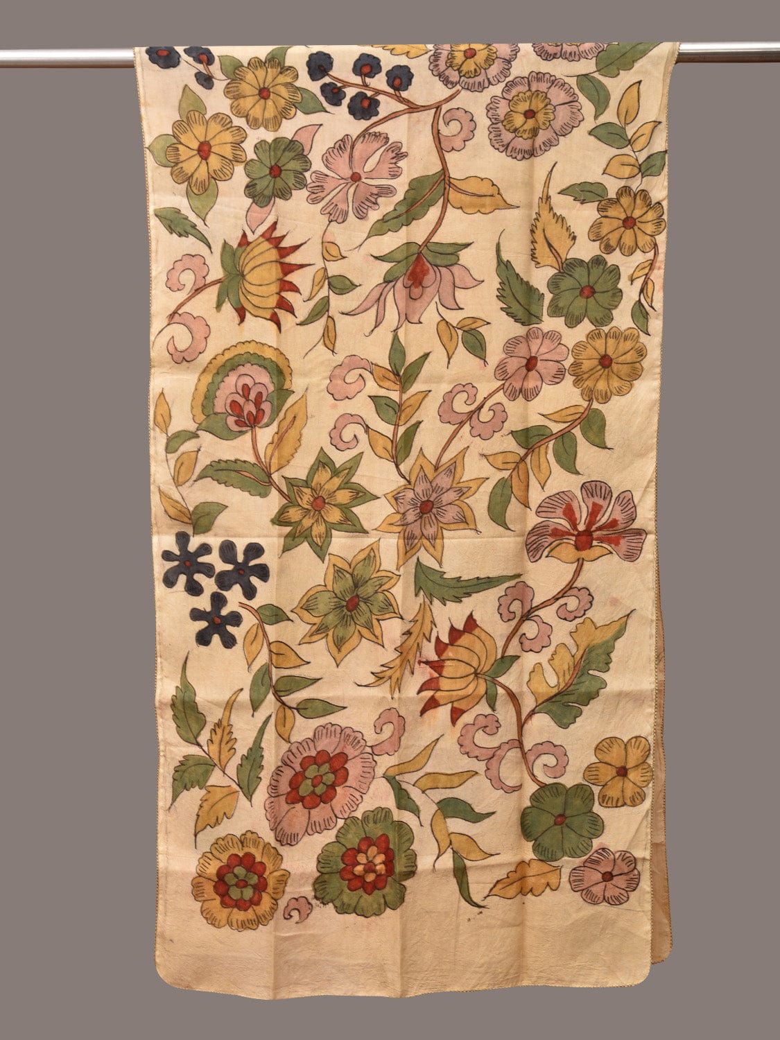 Cream Kalamkari Hand Painted Sico Stole with Floral Design - Global Threads - Distacart