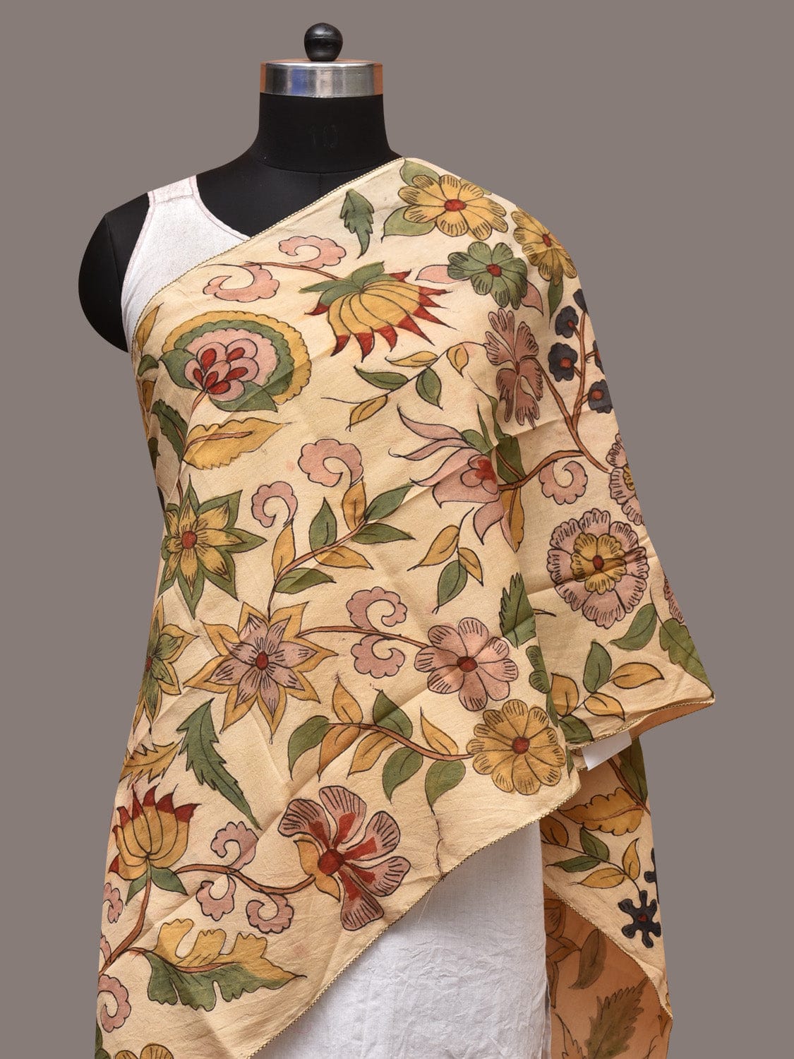 Cream Kalamkari Hand Painted Sico Stole with Floral Design - Global Threads - Distacart