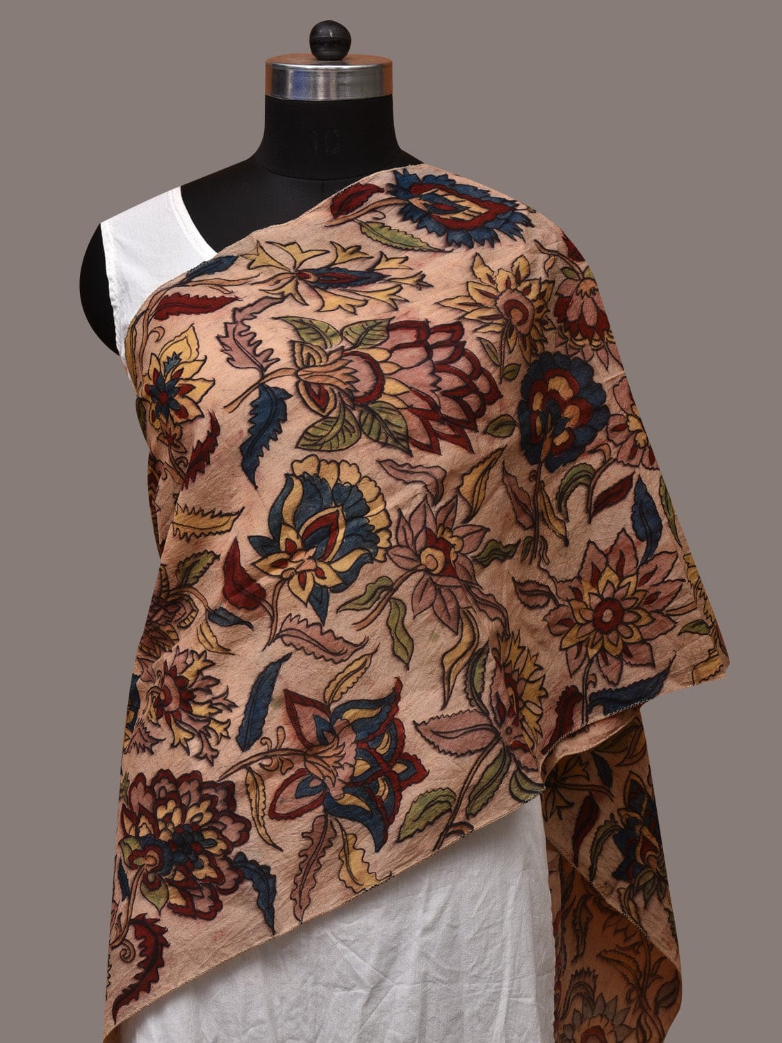 Cream Kalamkari Hand Painted Sico Stole with Floral Design - Global Threads - Distacart